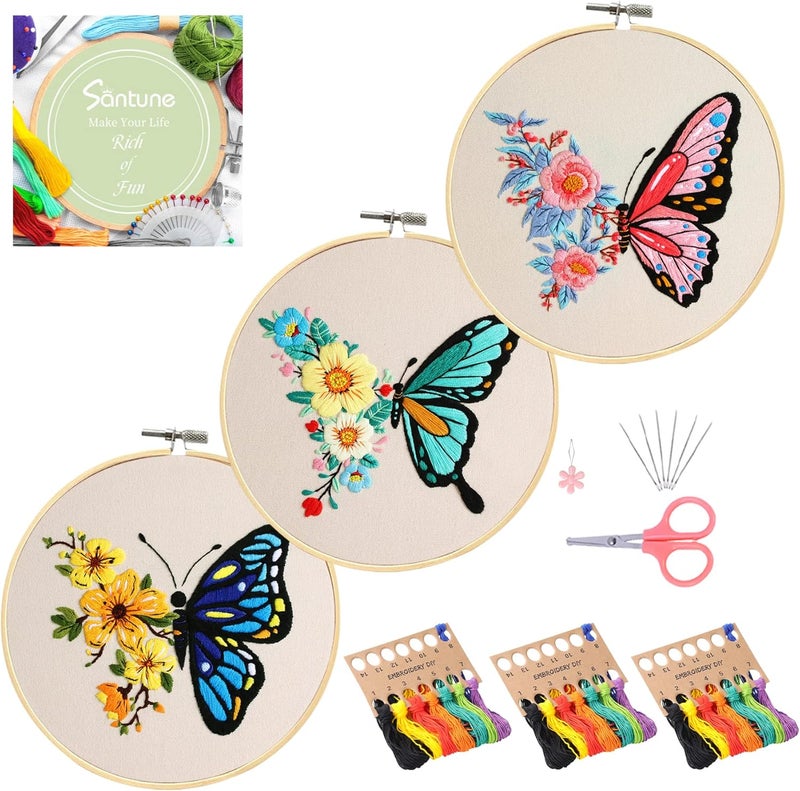 Santune 3 Pack Embroidery Kit for Beginners Adults Cross Stitch Kits with Butterfly Patterns and Instructions,DIY Hand Crafts with 1 Hoop,Threads and 6 Needles - Image 1